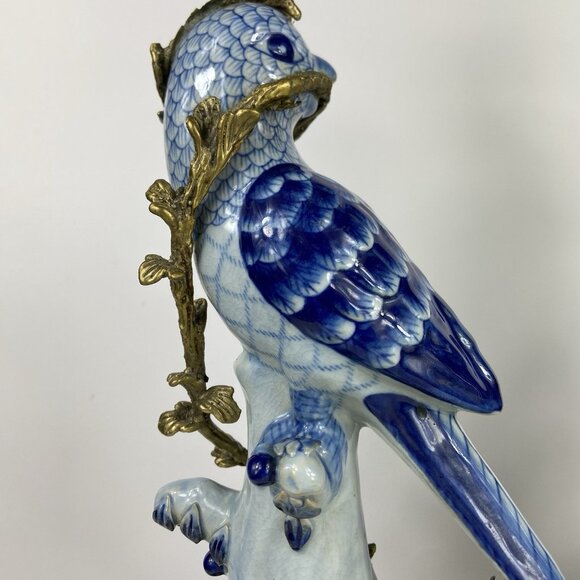 Pair of Vtg Porcelain & Brass ? Ormolu 14” Candlestick Holders Blue Bird Parrot - Picture 8 of 15